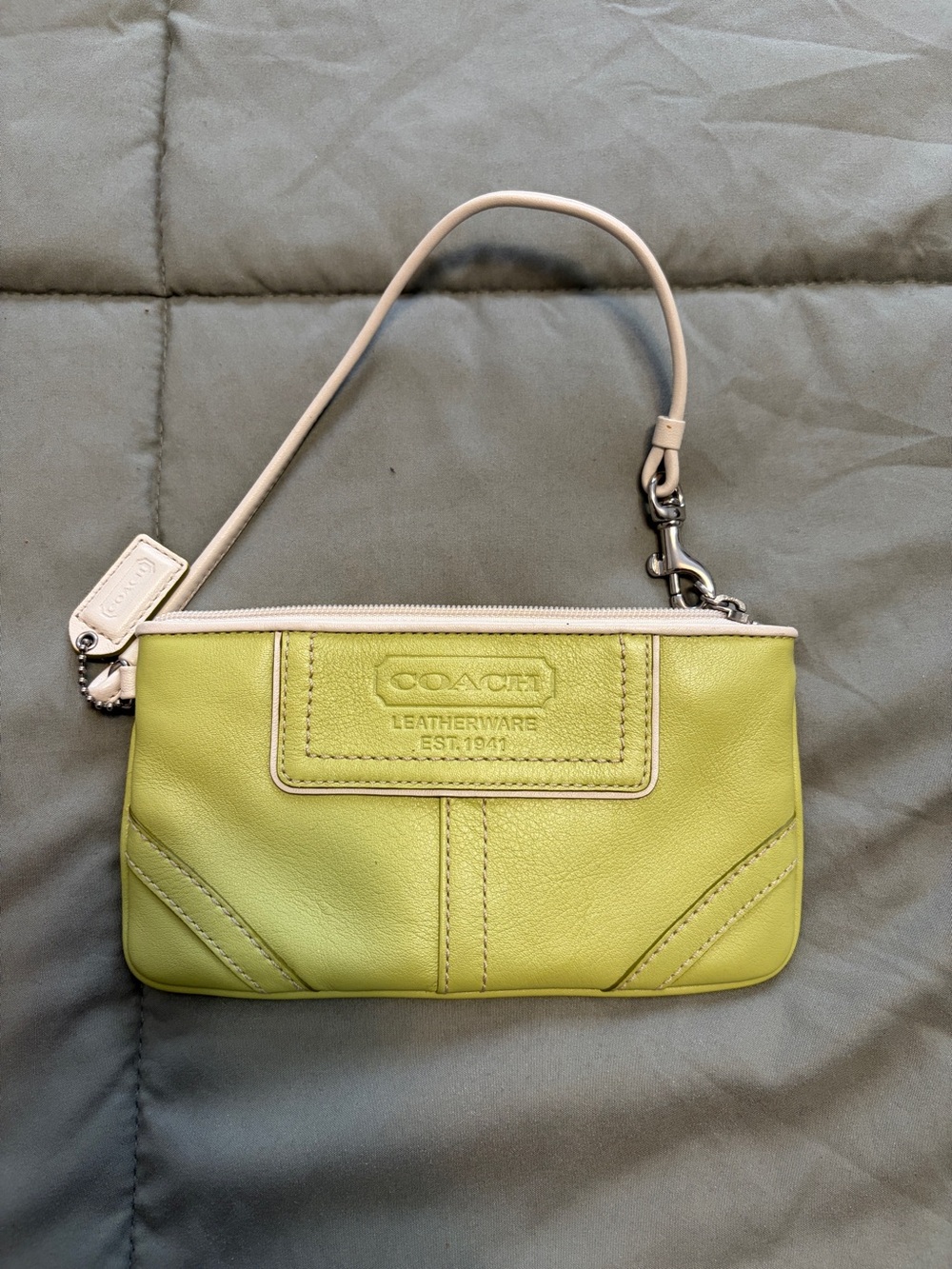 Coach Lime Green Leather Wristlet with Cream Strap